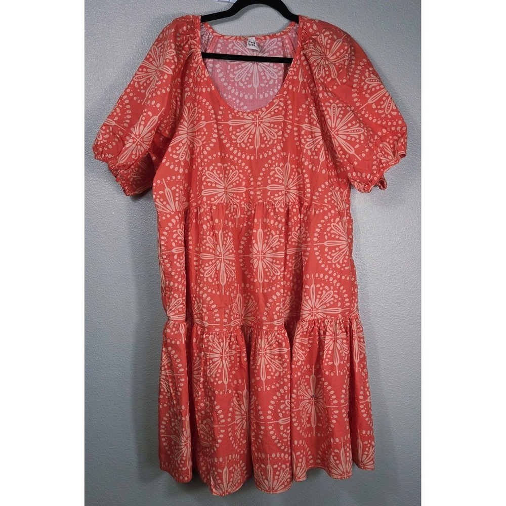 Uncle Frank Coral Pink Printed Tiered Dress XL Cotton Puff Sleeve